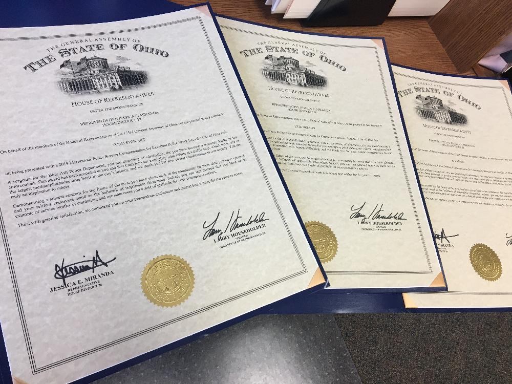 Certificates of commendation from the Ohio House of Representatives