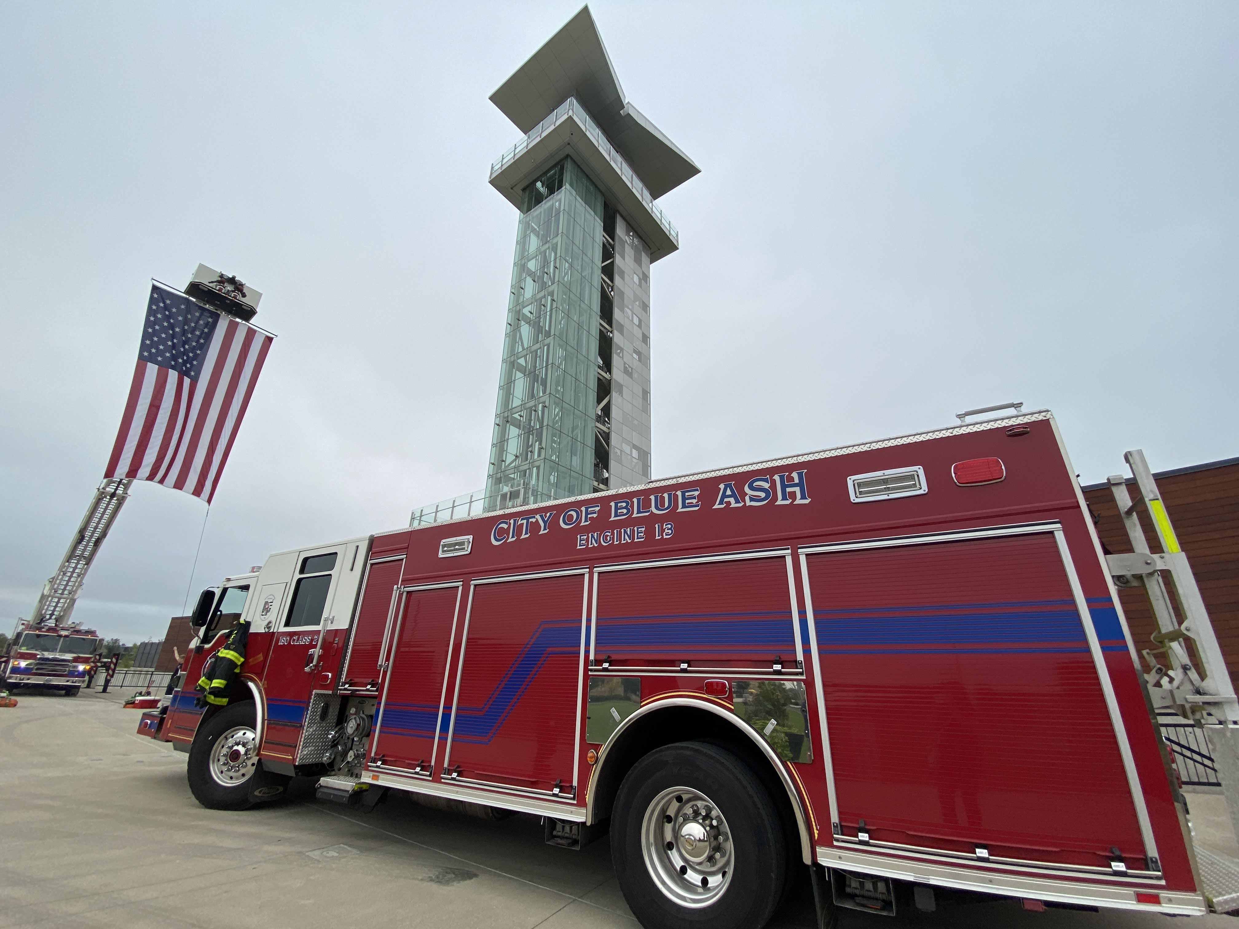 fire truck flag and tower